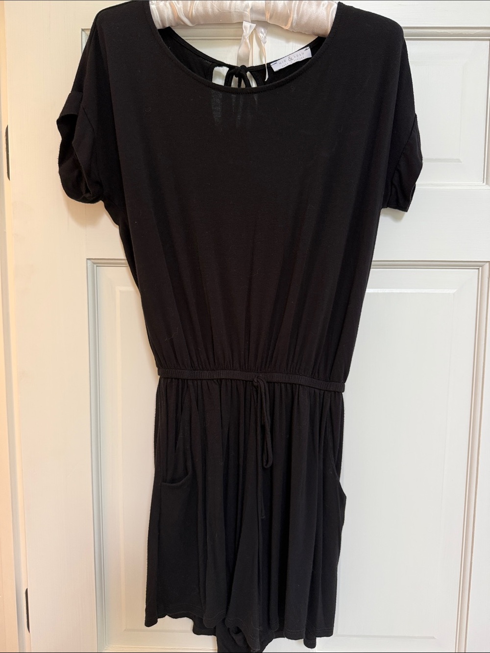 Black Short-Sleeve Drawstring Romper with Pockets